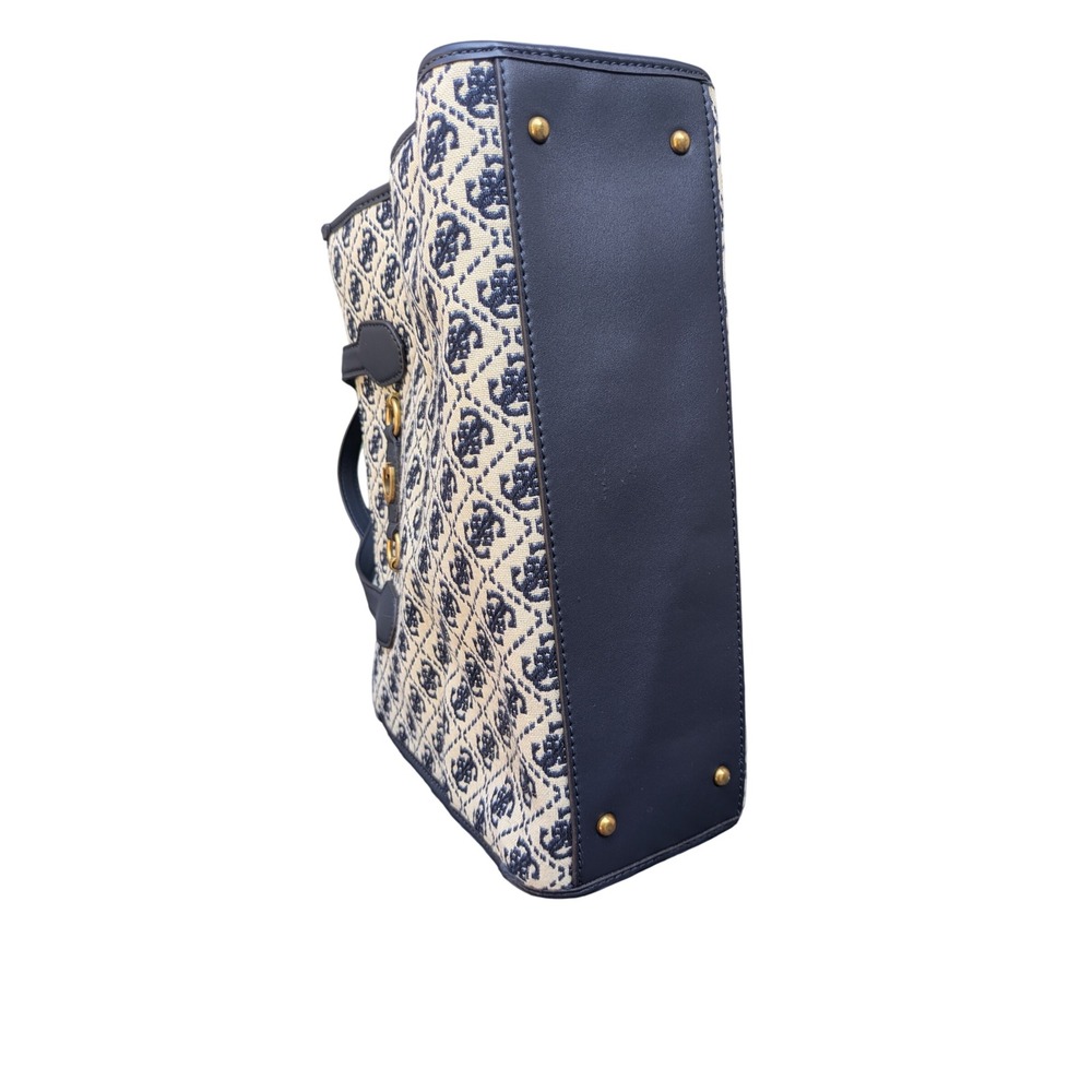 GUESS Blue Logo Jacquard Tote Bag Navy Trim Gold Hardware Handbag - Picture 3 of 8